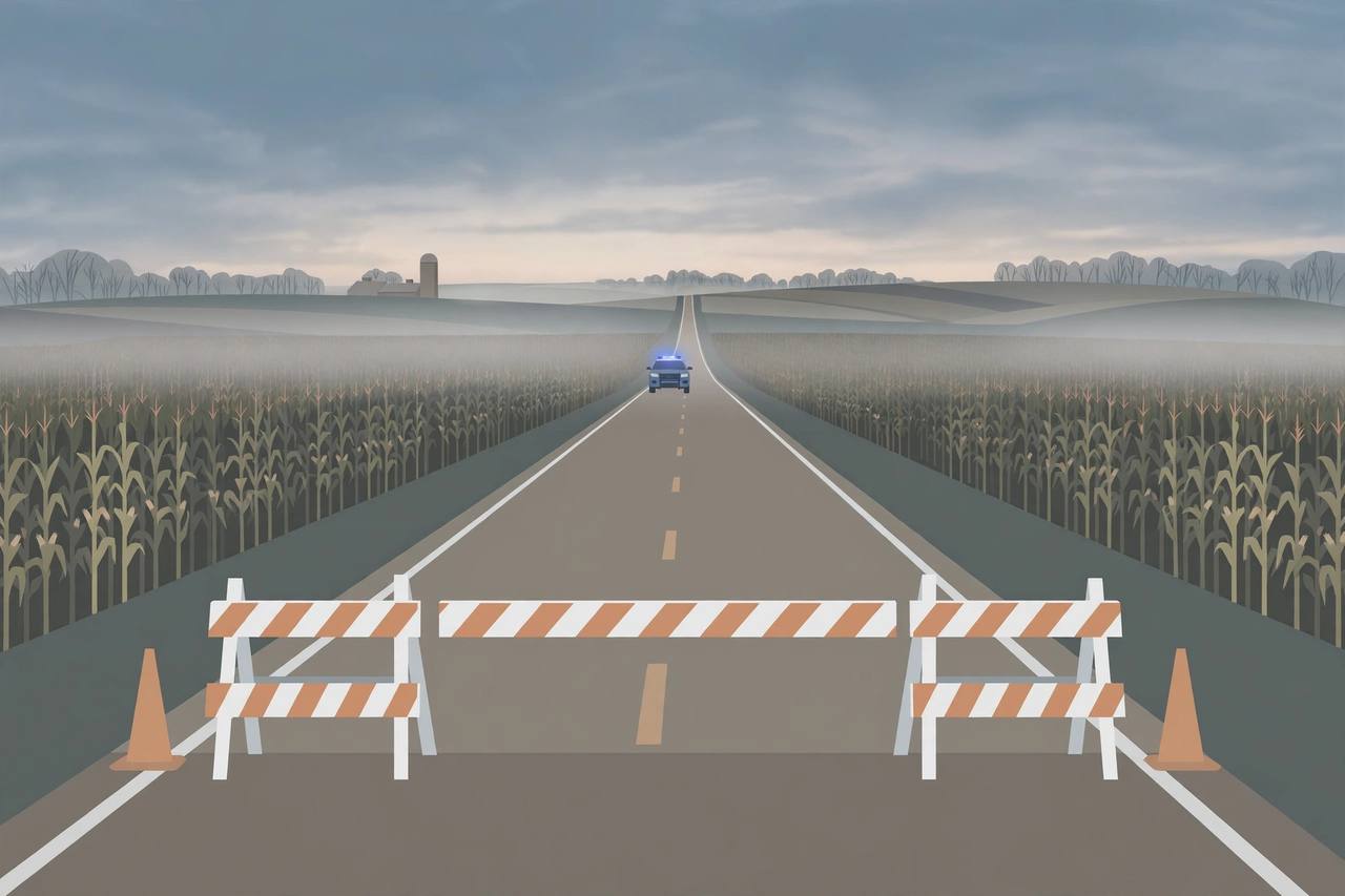 Editorial illustration: a rural Ohio highway at dawn with a road-closed barrier and a generic patrol vehicle in the distance, no crash wreckage shown