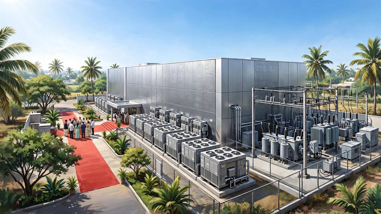 Editorial illustration: a modern data centre building in Chennai with cooling units, a power substation and palm trees