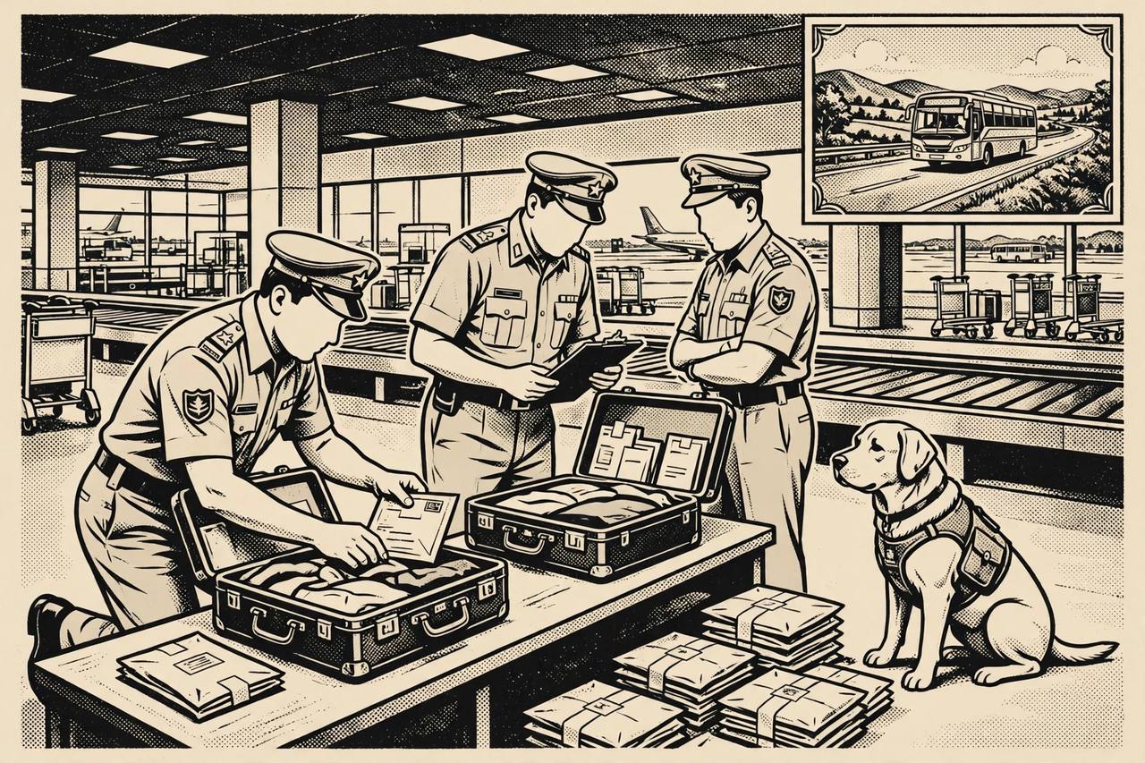 Editorial illustration: generic revenue intelligence officers inspecting open suitcases at an airport baggage hall with a sniffer dog nearby and a highway bus in an inset scene