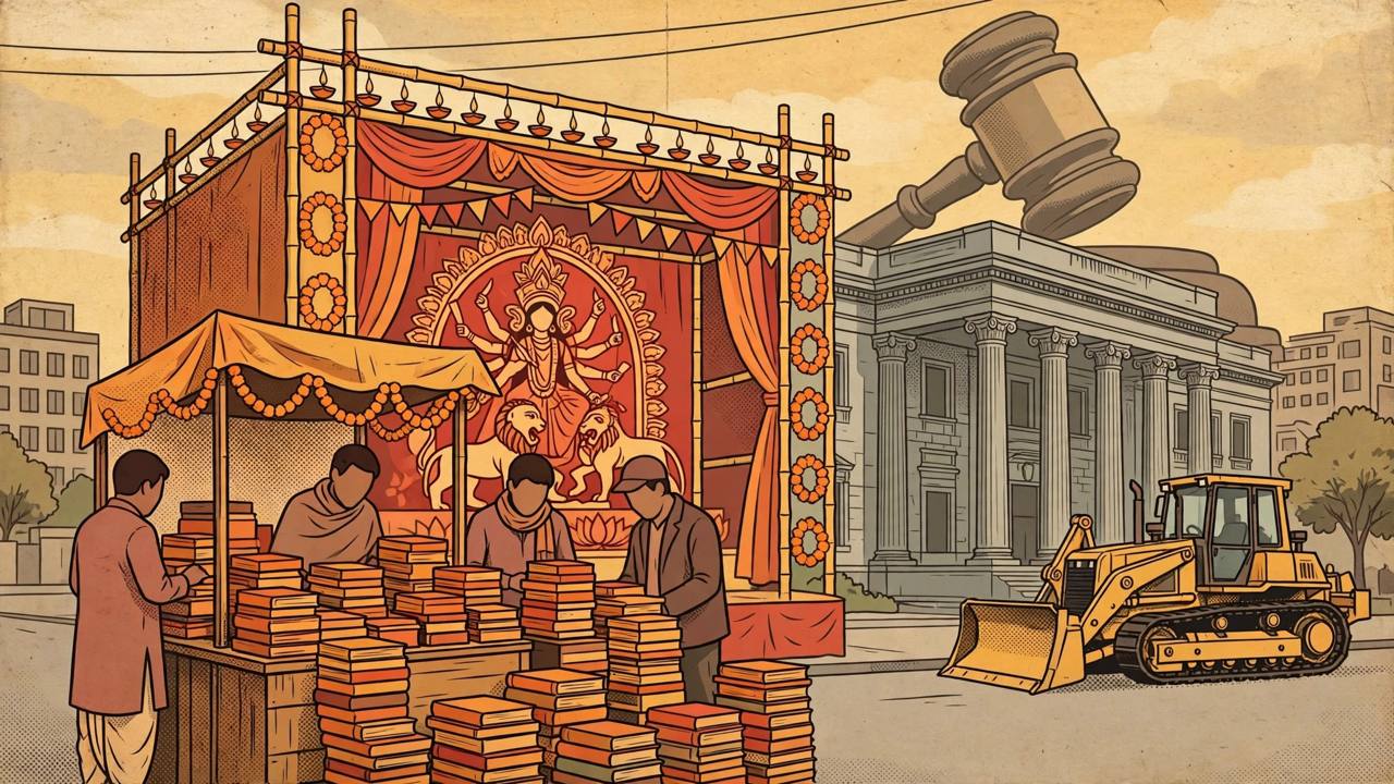 Editorial illustration: a Durga Puja bookstall stacked with books in front of a decorated pandal, a courthouse with a judge's gavel behind it and a bulldozer parked on the street