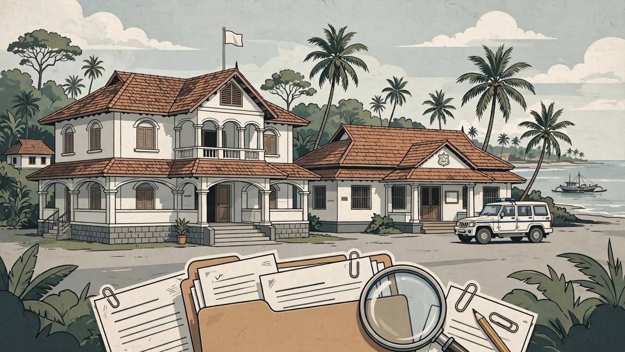 Editorial illustration: a coastal Kerala spa building and police station with tiled roofs and palm trees beside the sea, a police vehicle outside, and a case file with a magnifying glass in the foreground