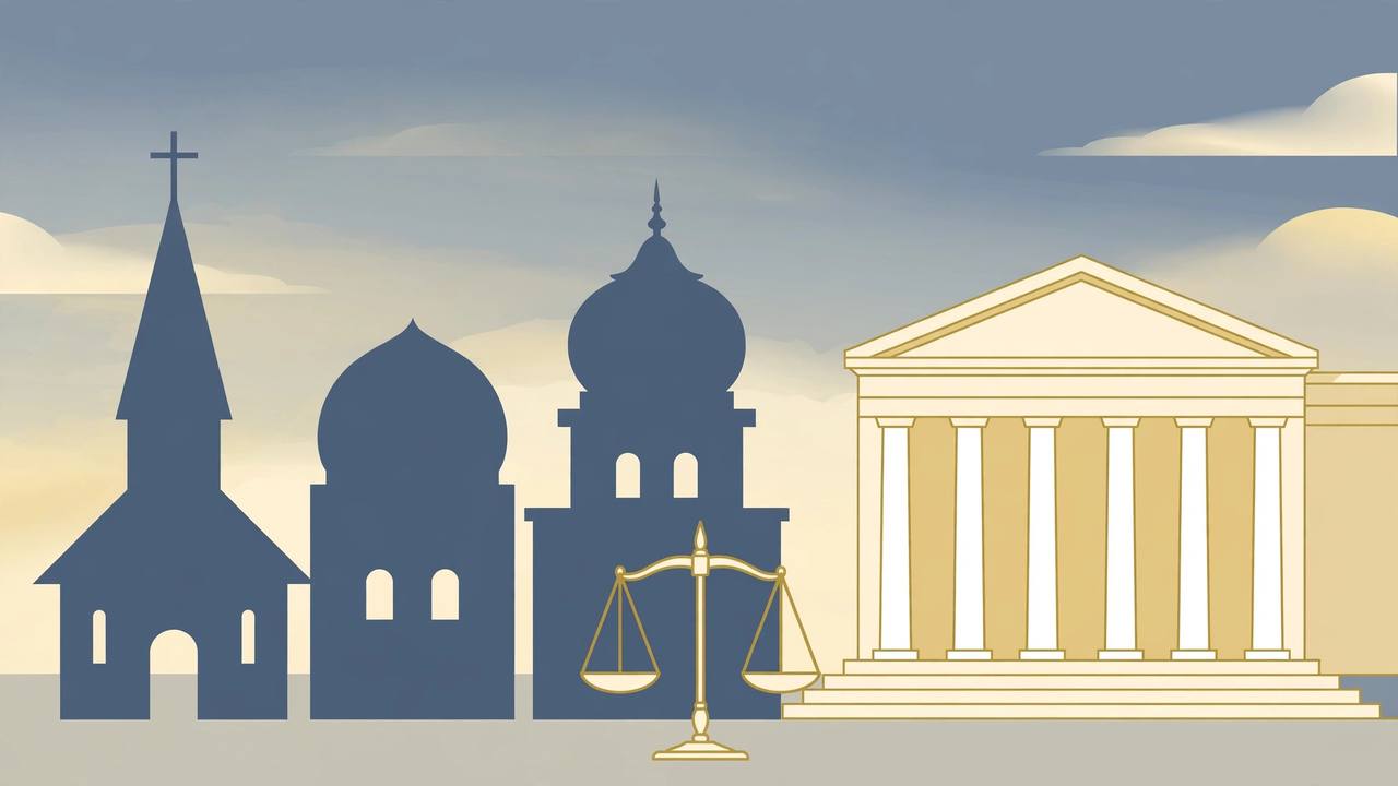 Editorial illustration of places of worship and a federal courthouse with the scales of justice