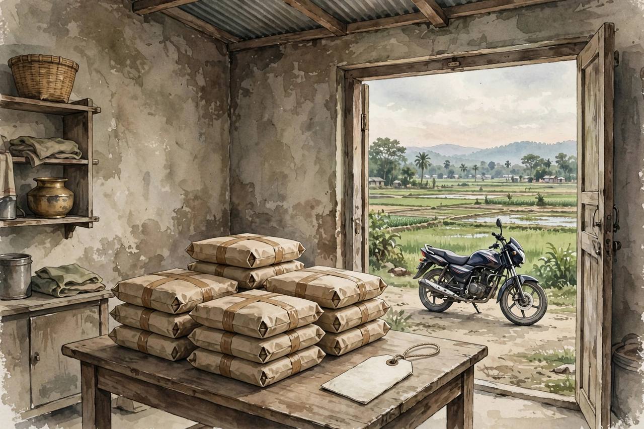 Editorial illustration: sealed parcels stacked on a table inside a house in Sunsari, Nepal, with a motorcycle outside the doorway and Terai fields beyond