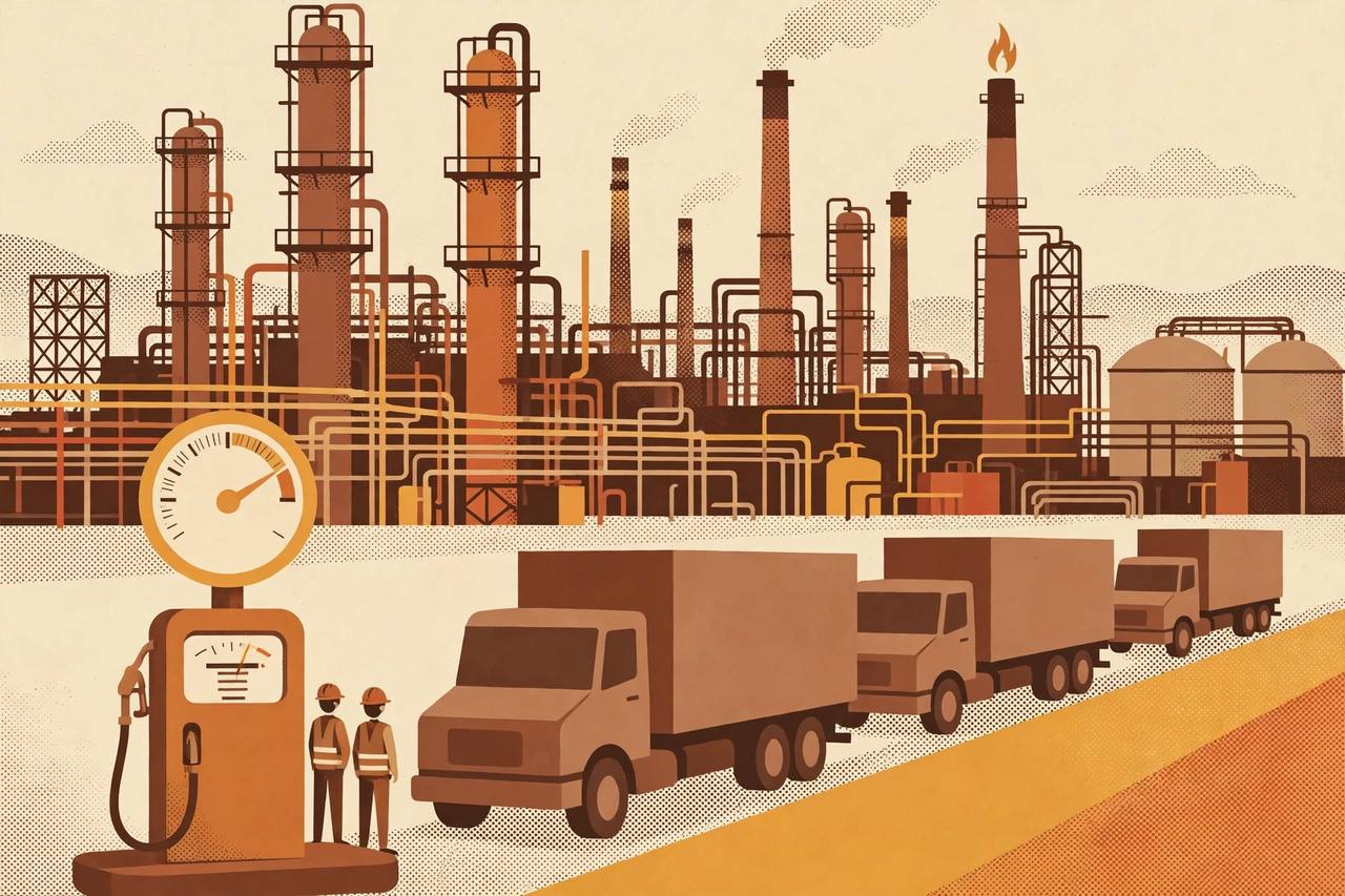 Editorial illustration: an oil refinery with semi trucks queued at a diesel pump — generic figures only, no real person's likeness