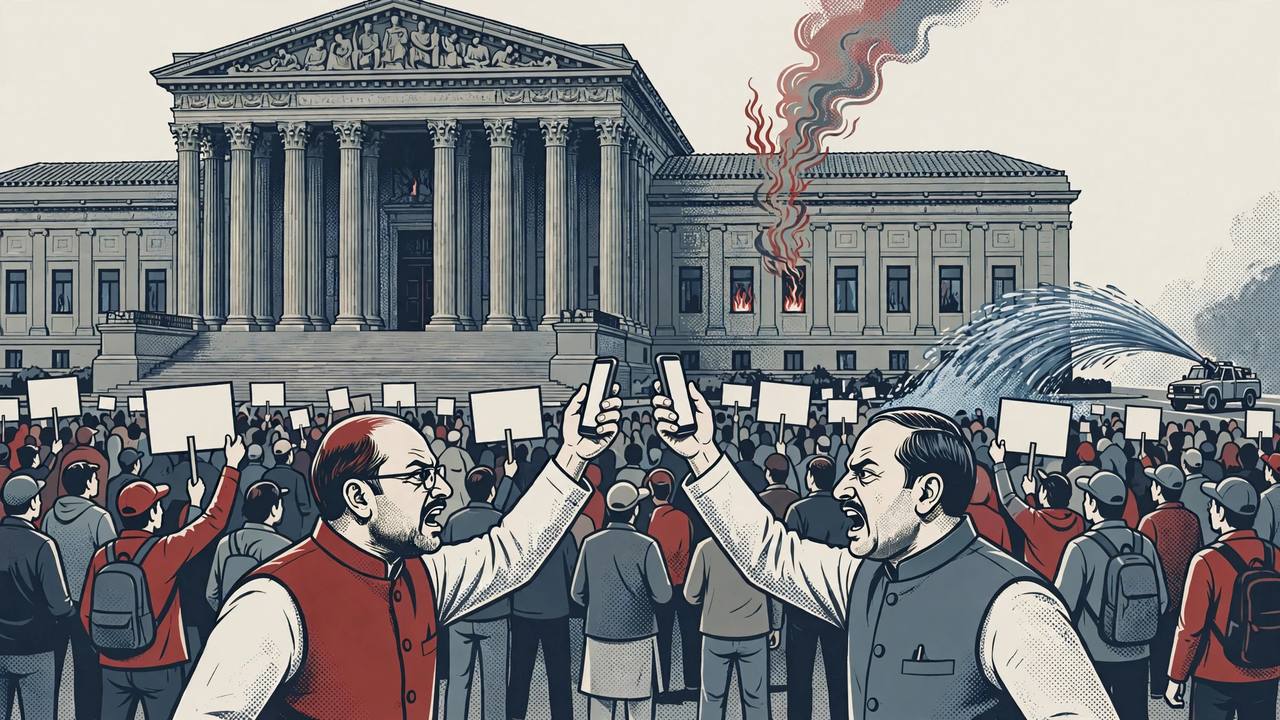 Editorial illustration: a supreme court building with flames and smoke at a window, protesters with placards below, and two politicians arguing with smartphones raised