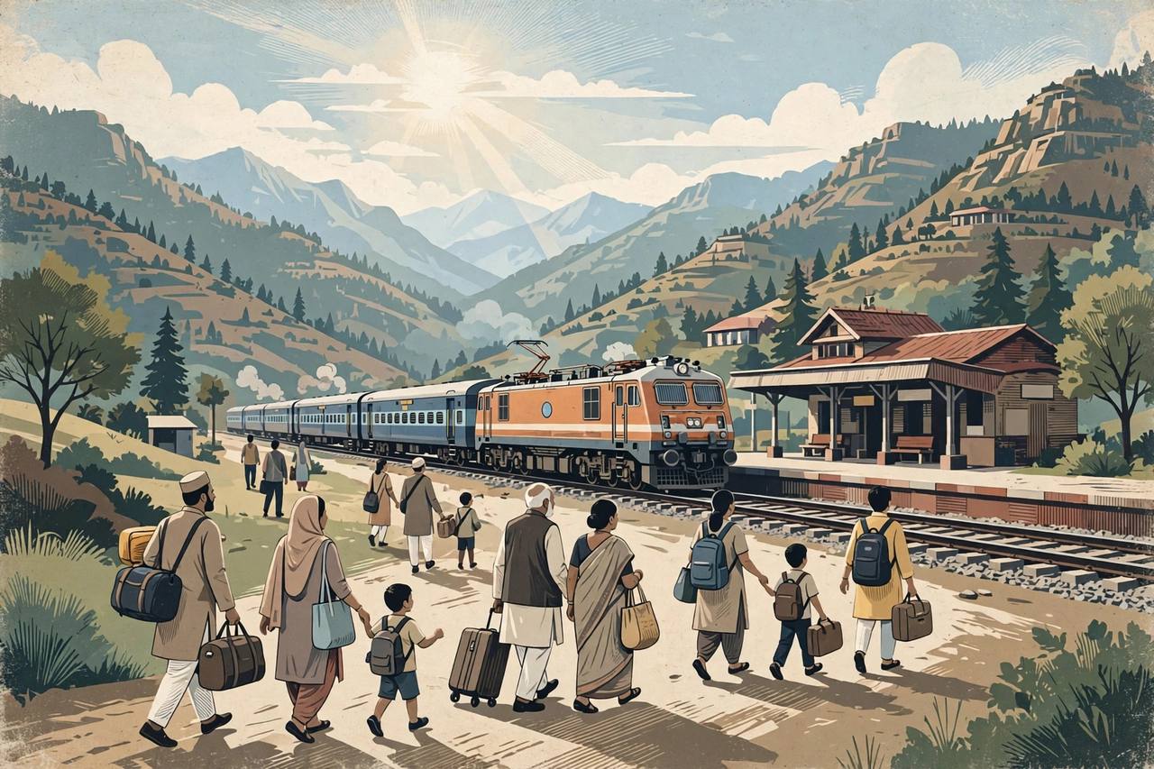 Editorial illustration: pilgrims carrying luggage walk toward a passenger train waiting at a small hill station, mountains rising behind under a bright sun