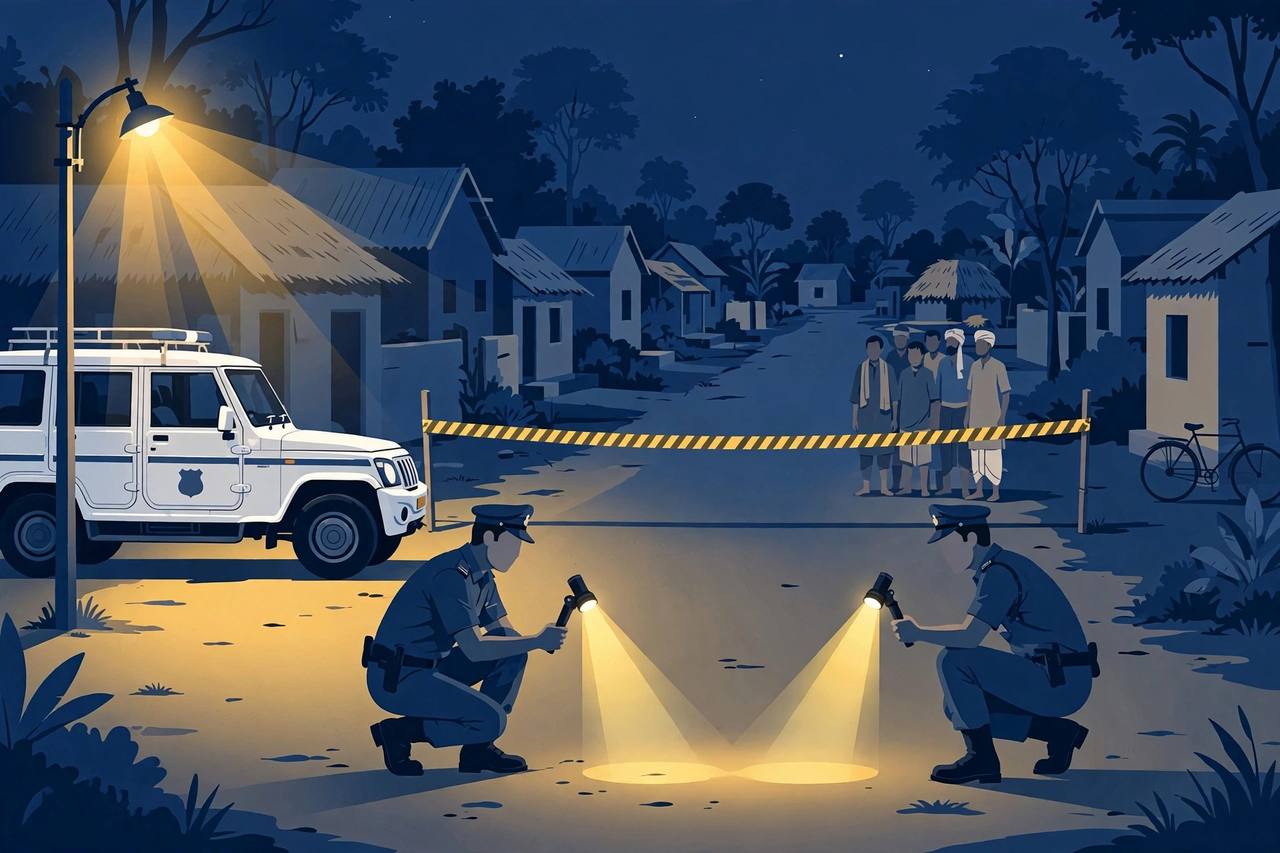 Editorial illustration: a Bihar village lane at night with a police jeep, uniformed officers examining the spot with torches, and villagers standing at a distance behind a cordon