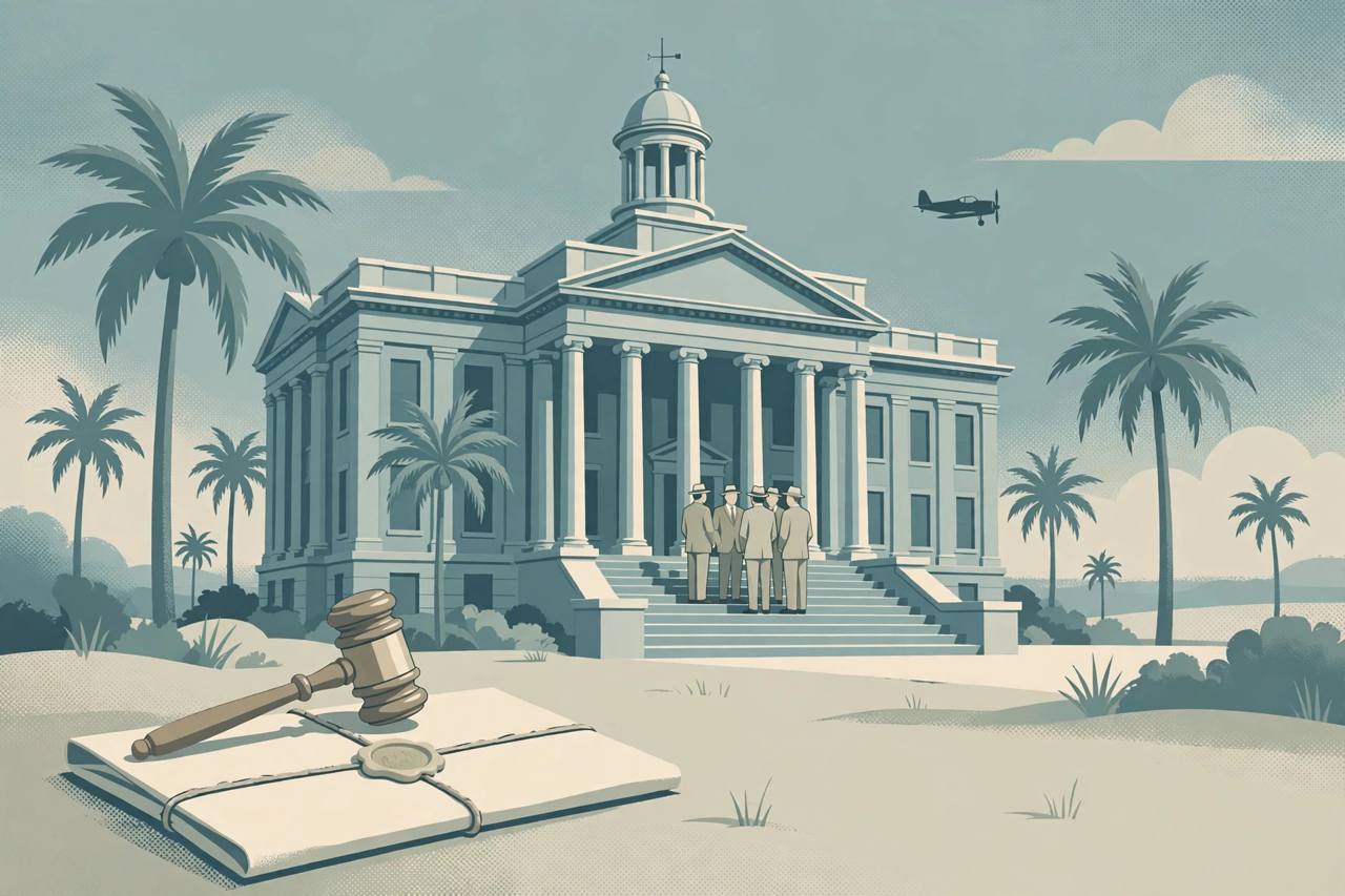 Editorial illustration of a Florida courthouse with palm trees, a gavel on a sealed warrant document and a small propeller plane in the sky