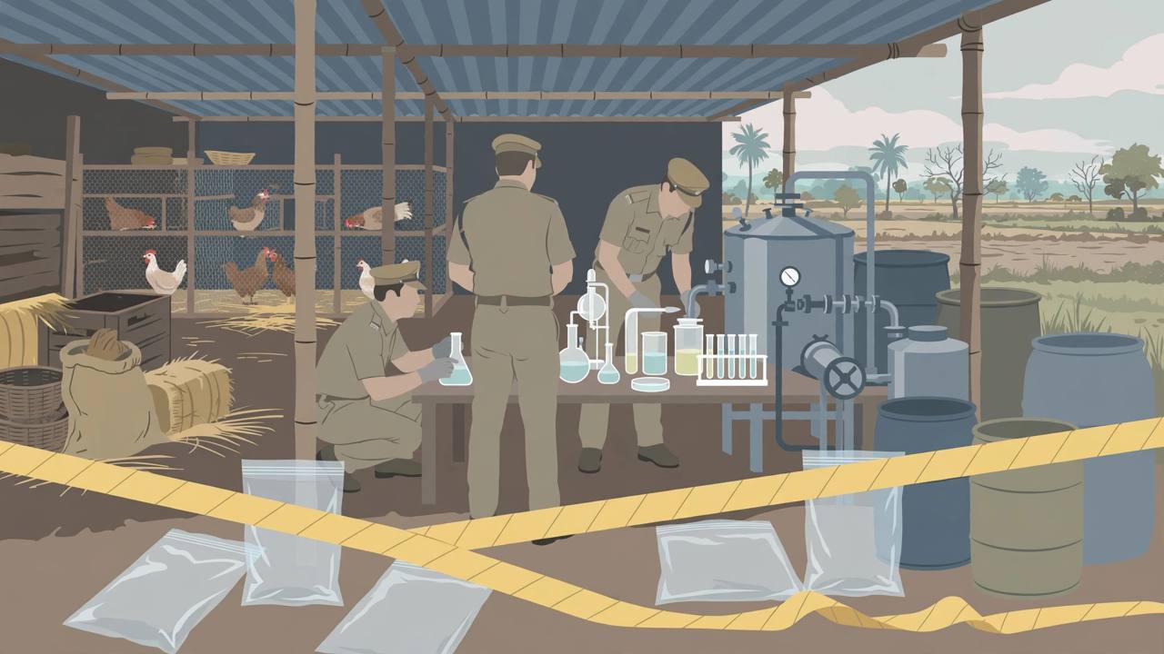 Police inspect a suspected drug laboratory at a poultry farm in Maregaon, Gondia (Editorial illustration)