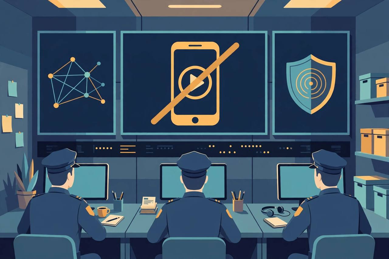 Editorial illustration: uniformed police officers in a cyber-crime control room watching large wall screens, the largest showing a smartphone with a crossed-out fake-video play button