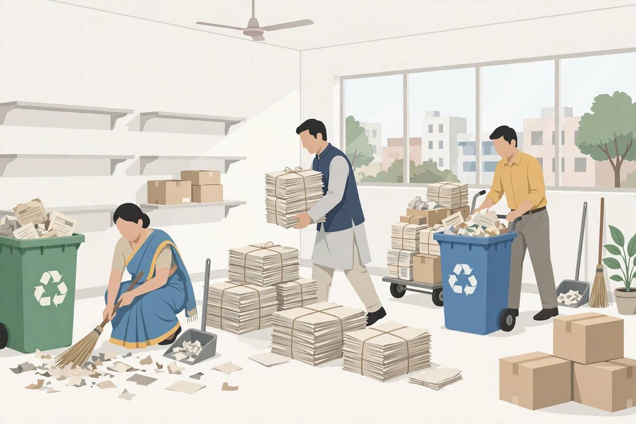 Editorial illustration: office staff clearing old files and scrap material for recycling during a cleanliness drive