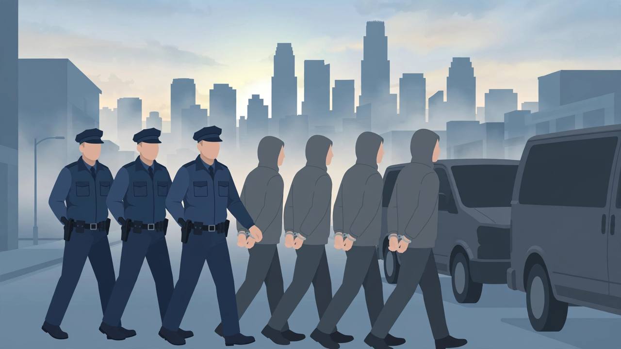 Editorial illustration of generic immigration officers leading handcuffed generic figures toward vans in a US city