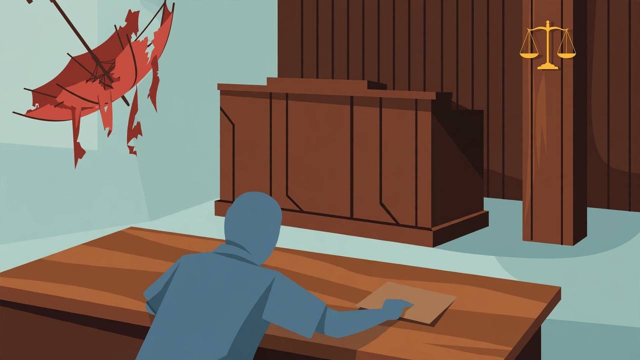 Editorial illustration: a courtroom with a broken umbrella above a generic faceless official sliding an envelope across a desk