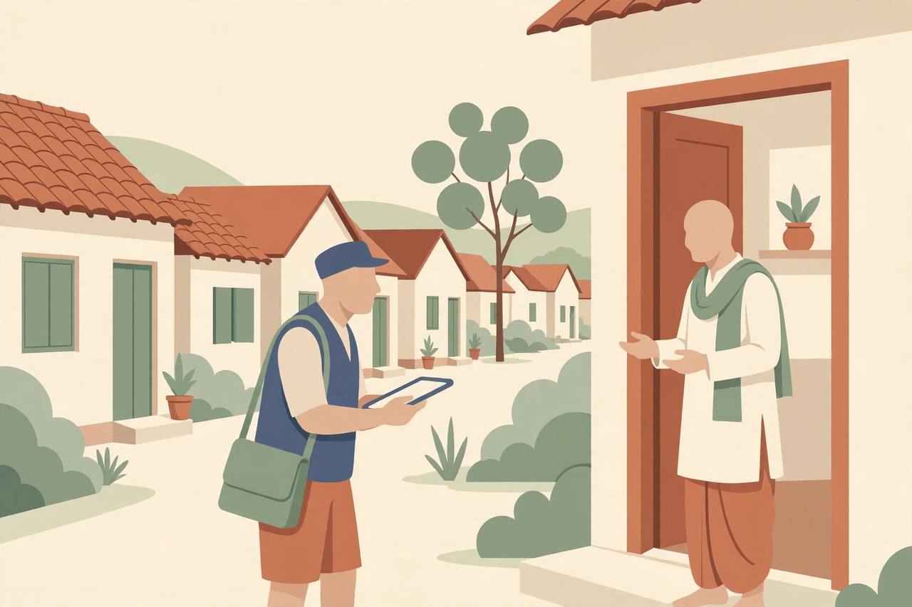 Census enumerator with a tablet at a household doorway (editorial illustration)