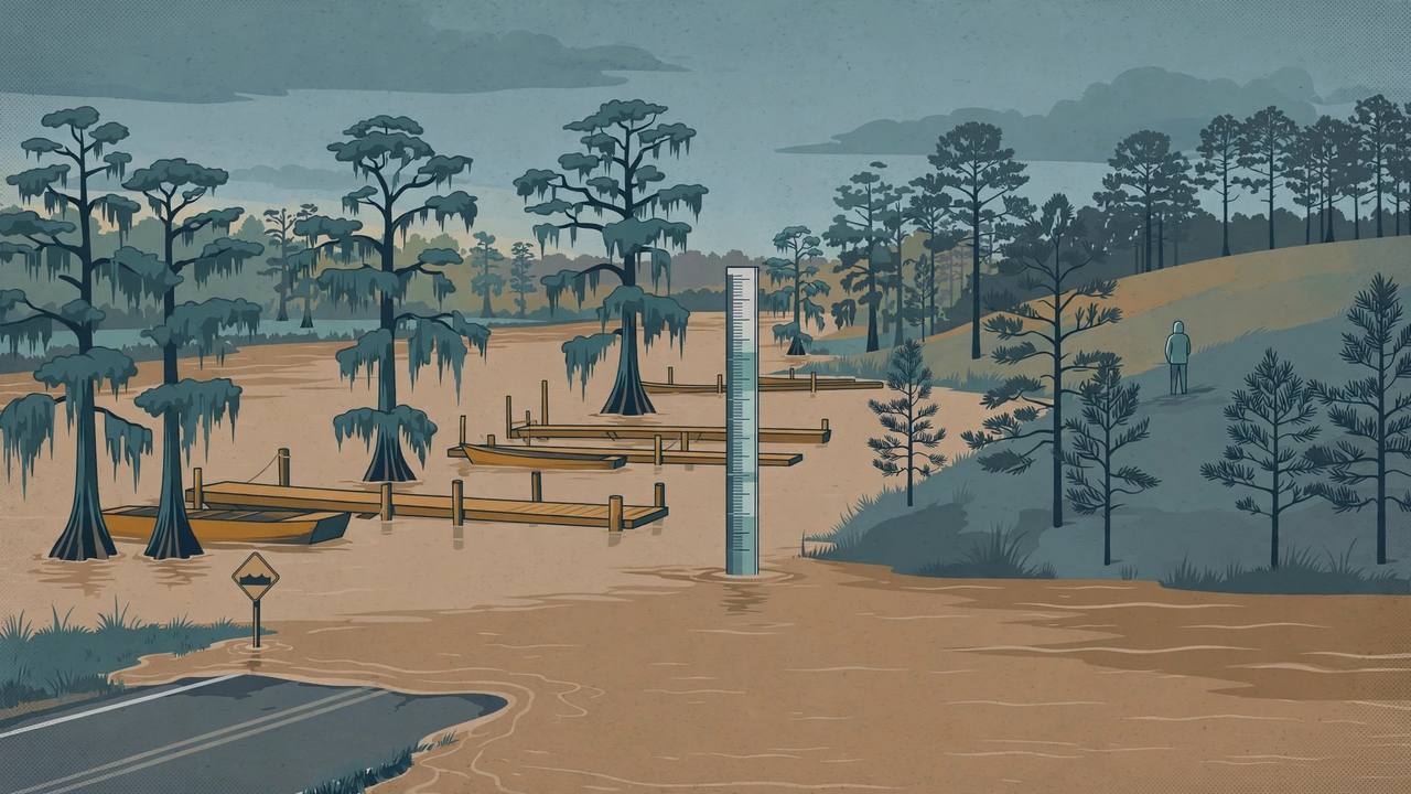 Editorial illustration of the flooded Satilla River at Atkinson, Georgia, with submerged boat landings, cypress trees and a river gauge