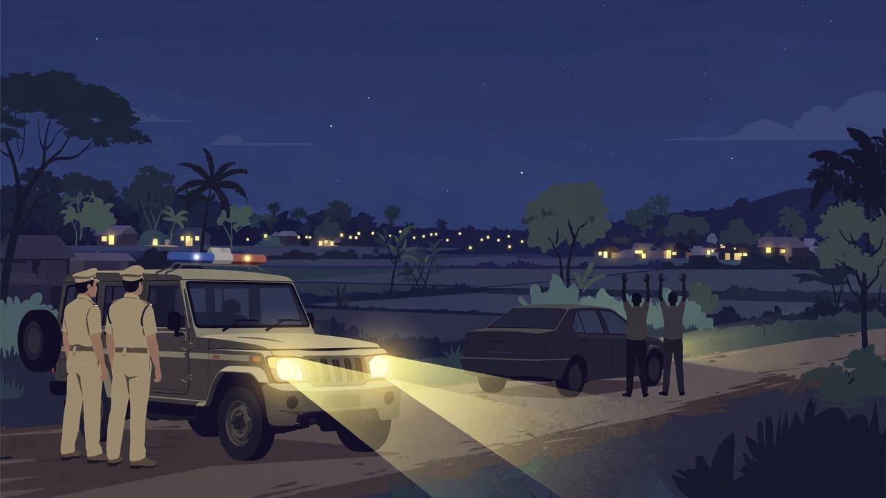Editorial illustration: police officers at a road checkpoint stopping a car at night on a highway in Uttar Pradesh
