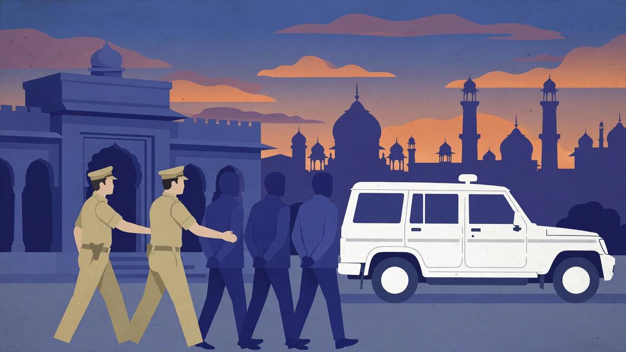 Editorial illustration: police officers escorting three generic detained figures to a police vehicle outside a police station at dusk
