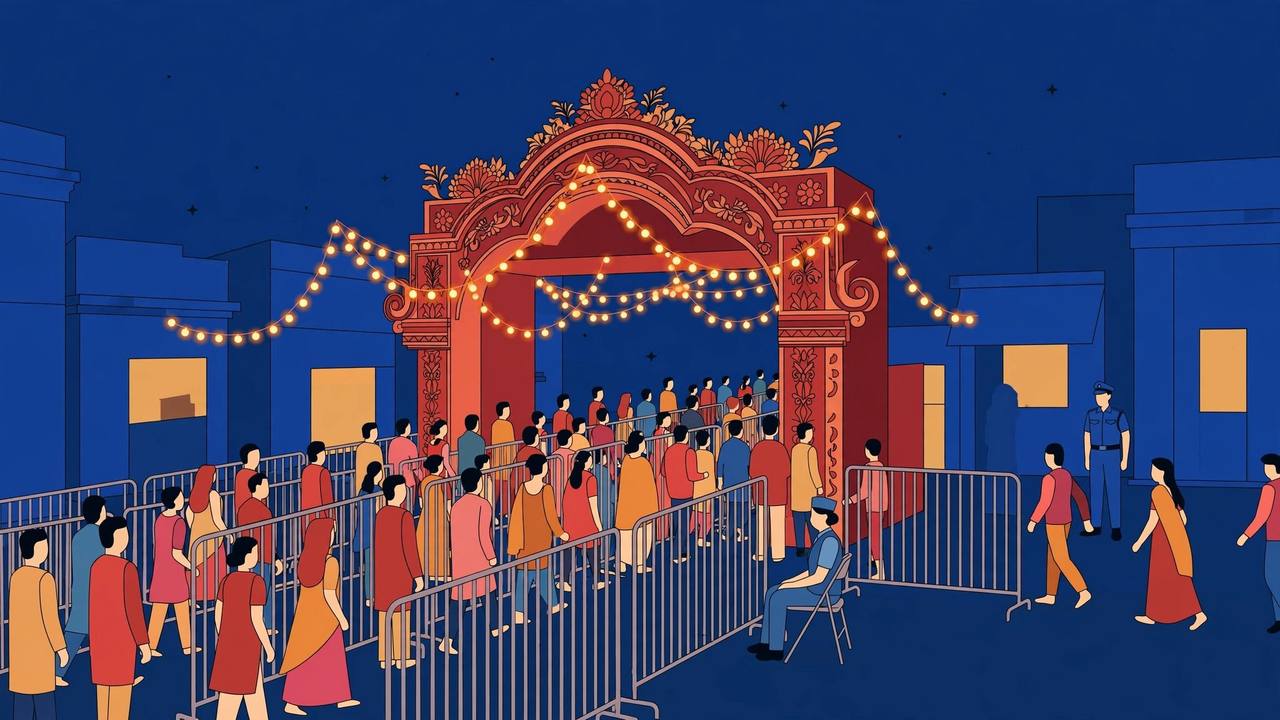 Editorial illustration: devotees streaming past barricades at a Kolkata Durga Puja pandal at night, with a woman civic volunteer on crowd duty at the exit gate