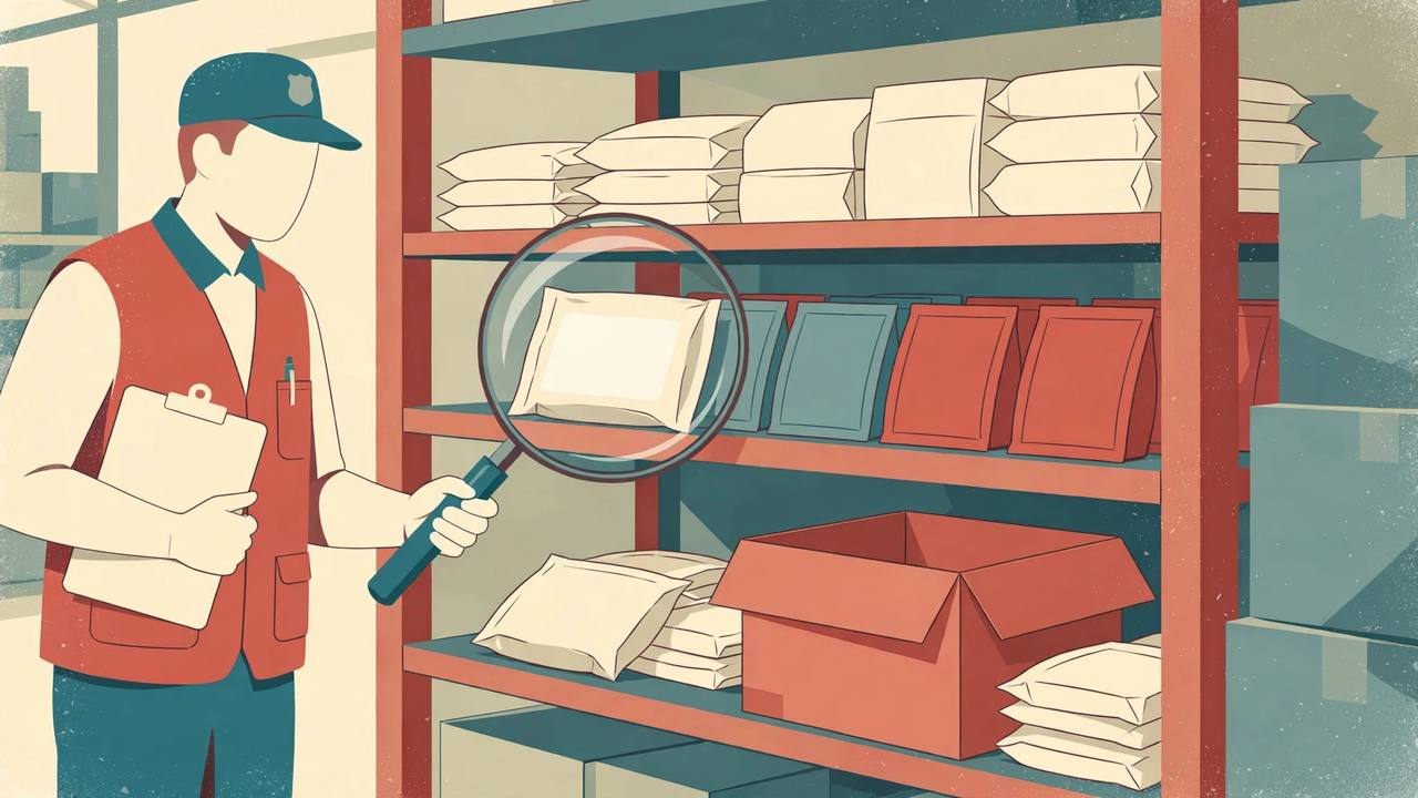 Editorial illustration: a food safety inspector with a clipboard and magnifying glass checking packaged food packets and a delivery box on warehouse shelves