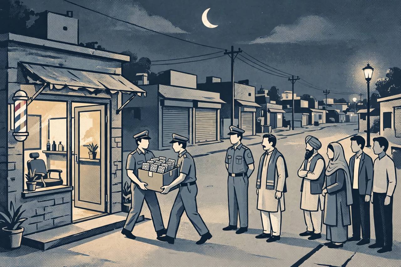 Editorial illustration: police officers carrying a box of seized capsule strips out of a small salon at night as residents watch, generic figures
