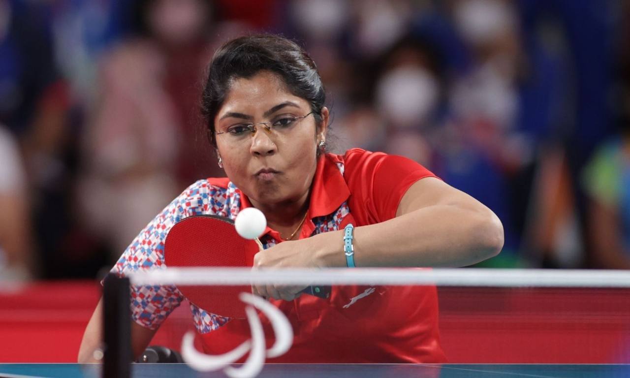 Indian para table tennis player Bhavina Patel in action during a match