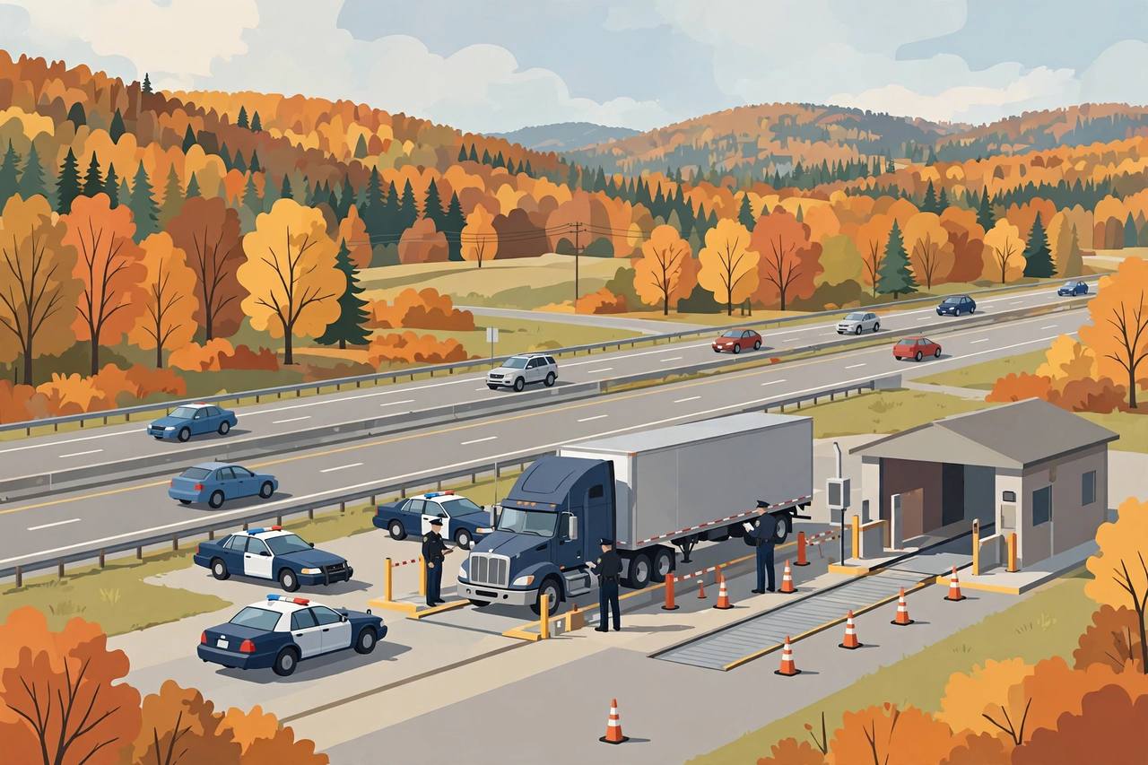 Editorial illustration: a commercial truck inspection checkpoint on a Northeast US interstate — generic figures only, no real person's likeness