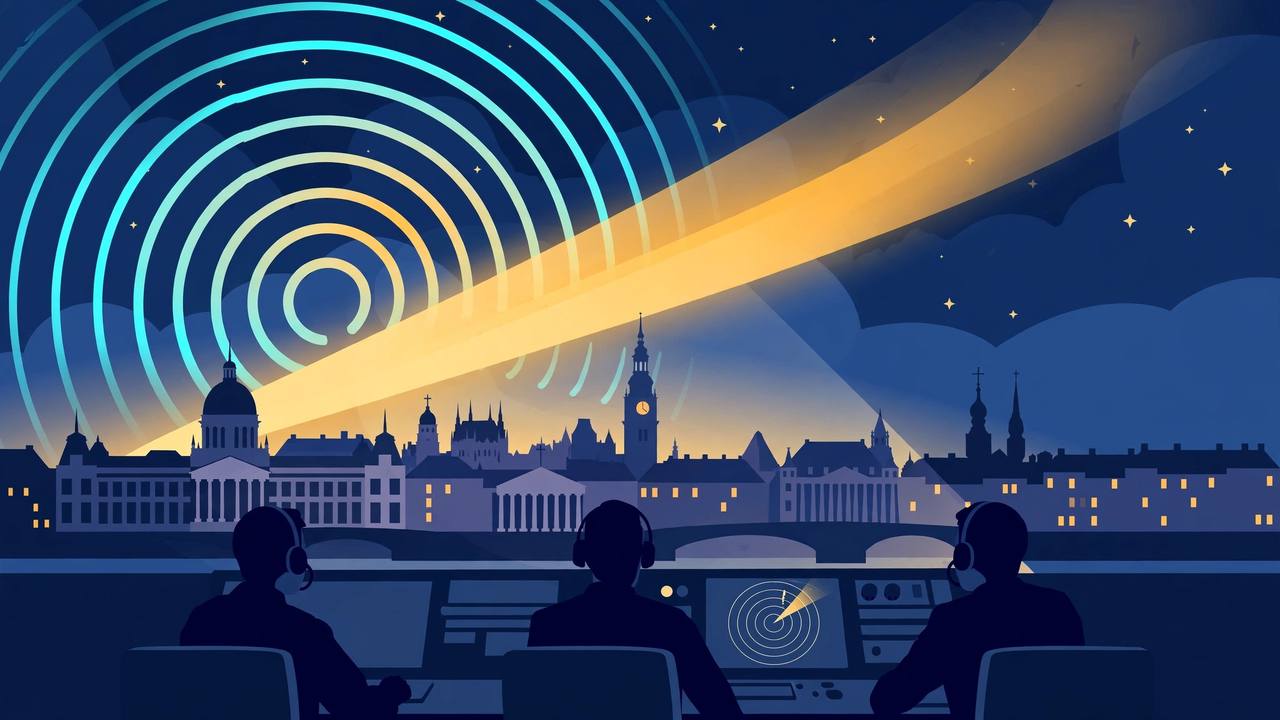 Editorial illustration: radar early-warning beams over a city skyline at night, with generic air-defence operators at a radar console