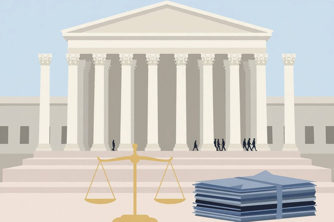 Editorial illustration: the columns of the US Supreme Court with a scale of justice and a stack of legal briefs — generic figures only, no real person's likeness