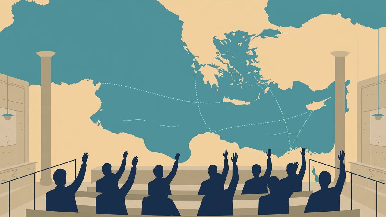 Editorial illustration: generic lawmakers voting in a parliament chamber before a stylised map of the eastern Mediterranean with dotted maritime boundary lines