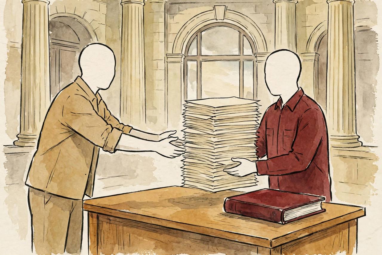 Editorial illustration: two generic figures exchanging a tall stack of blank stamp papers across a desk in a courthouse, a closed register book lying beside them