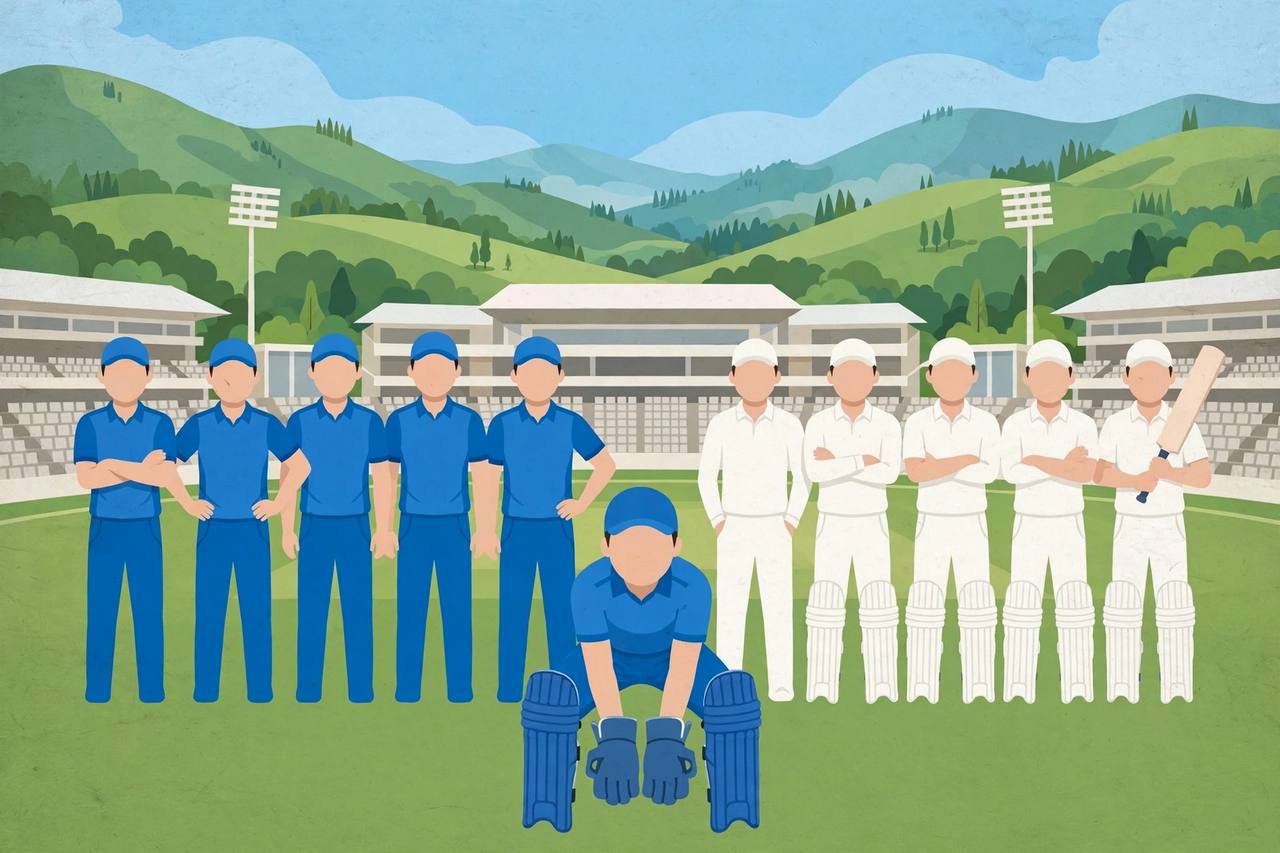 Editorial illustration: Indian cricketers as generic figures in blue ODI jerseys and white Test kits standing side by side in a New Zealand stadium with green hills, a young wicketkeeper with gloves in front