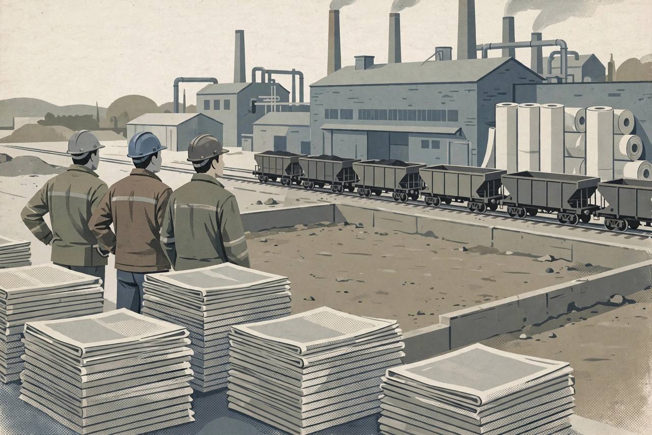 Editorial illustration: a newsprint mill with large paper rolls, a coal freight train waiting on tracks and workers looking at an empty coal stockyard