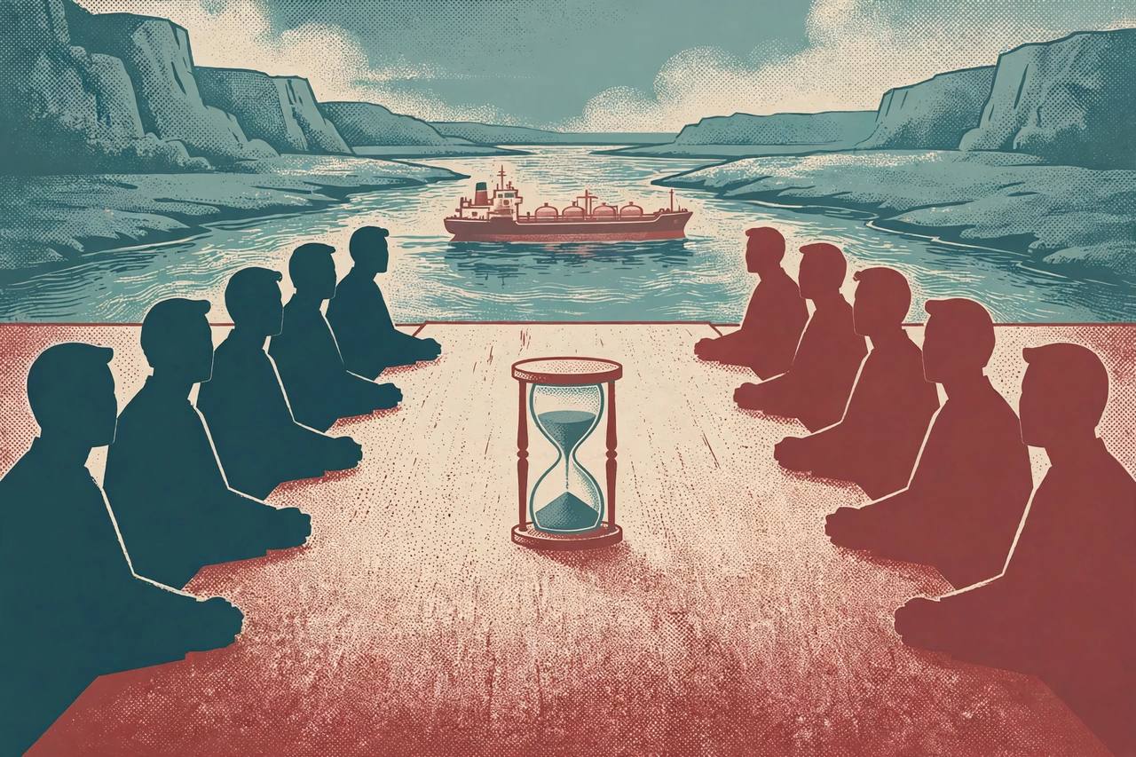Editorial illustration: two delegations seated far apart at a long negotiation table with an hourglass, a tanker waiting in a narrow strait behind them