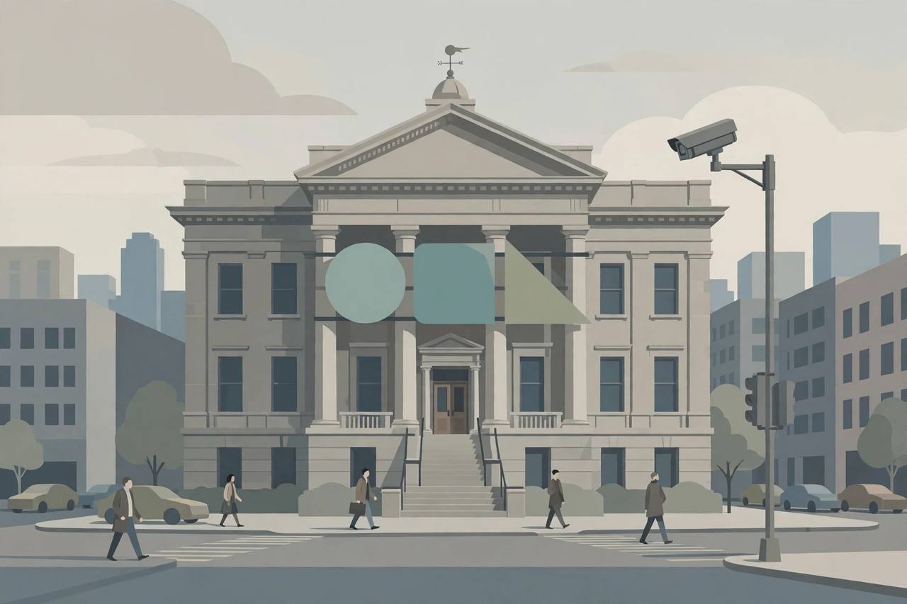 Editorial illustration of a Texas courthouse in Houston with a surveillance camera and a city street in the foreground