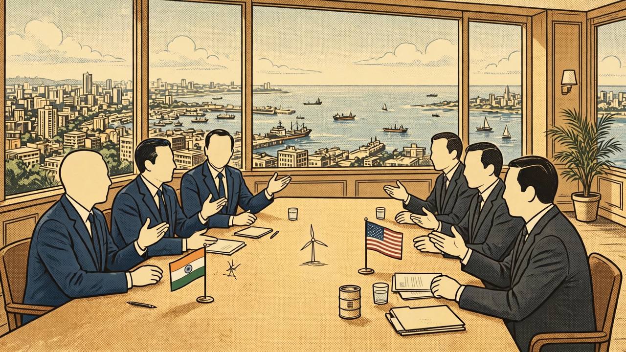 Editorial illustration: Indian and US officials in discussion around a conference table with small Indian and US flags, Mumbai's harbour and skyline visible through the windows behind them