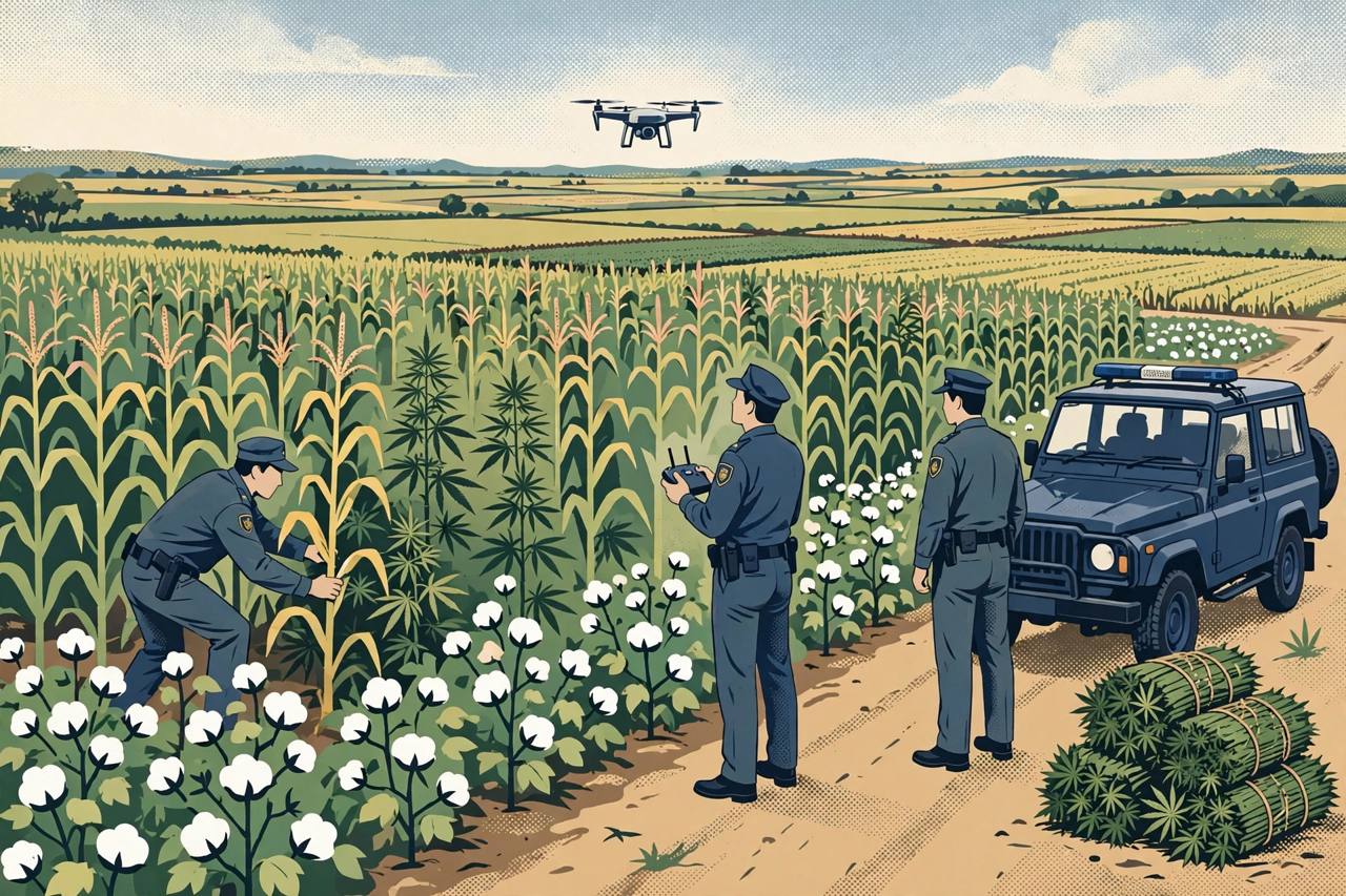 Editorial illustration: police teams searching farm fields in Neemuch and Dhar, Madhya Pradesh, where cannabis was grown hidden among maize and cotton crops