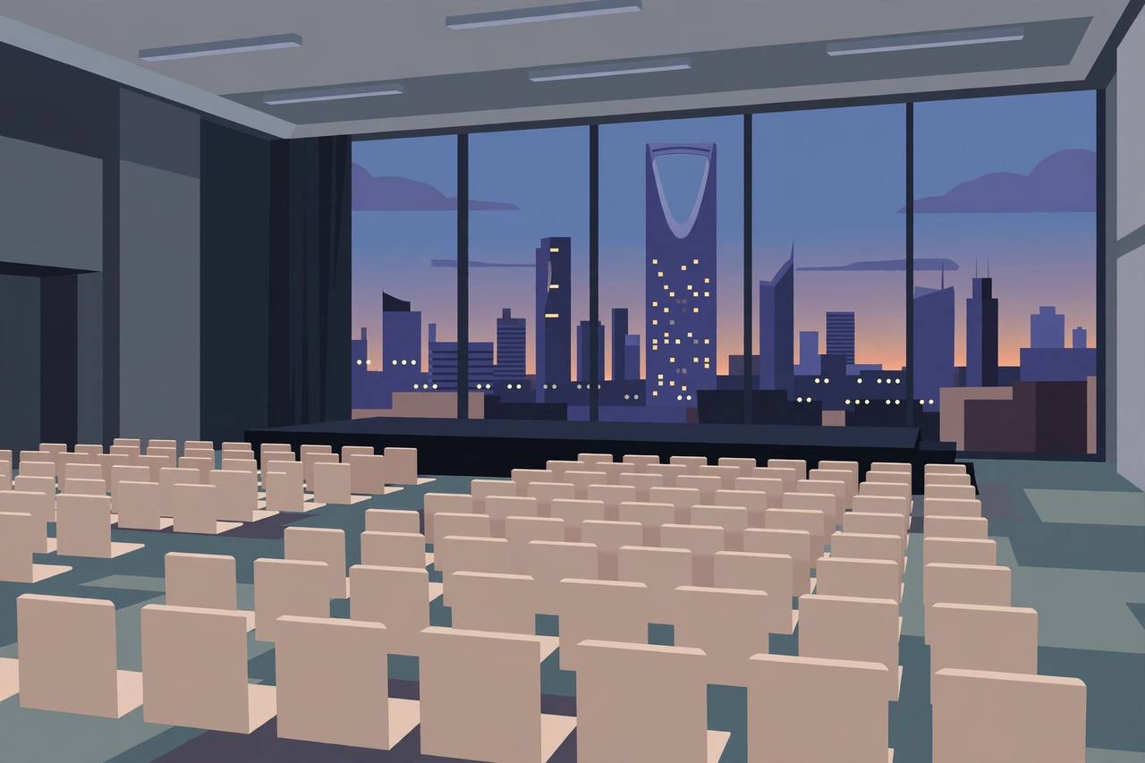 Editorial illustration: an empty investment conference hall in Riyadh with the city skyline through large windows