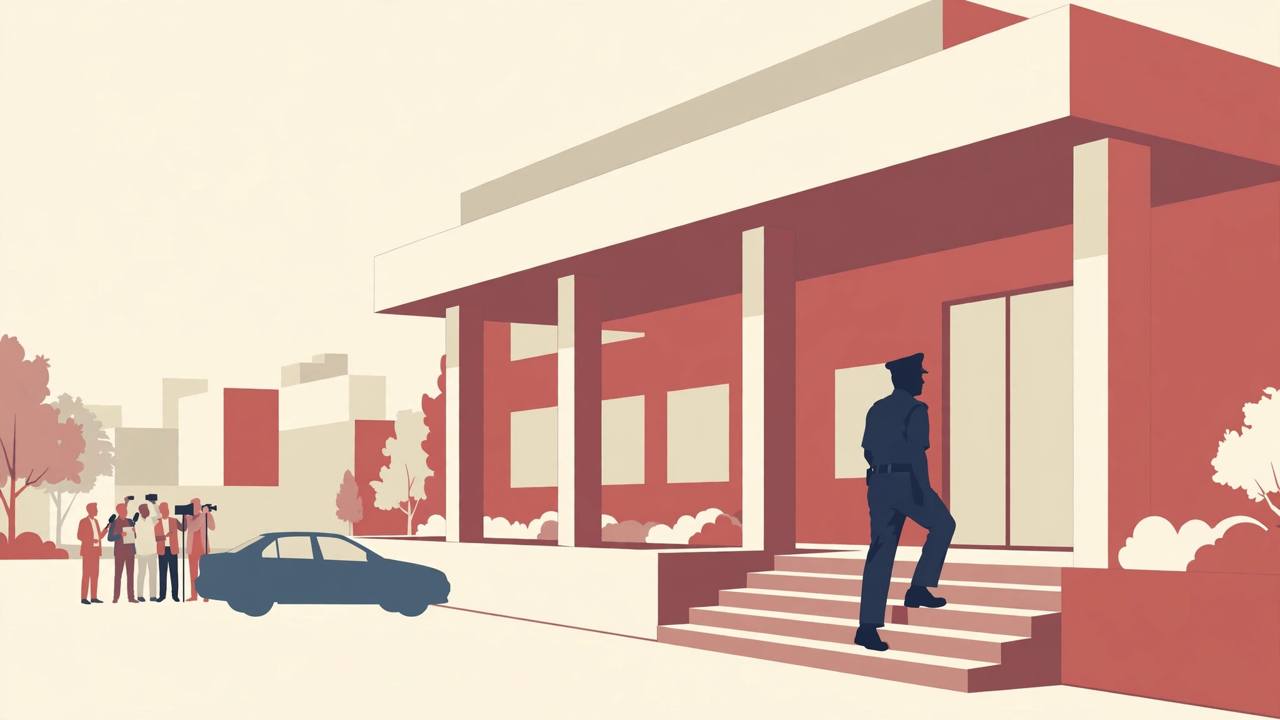 Editorial illustration: a uniformed police officer walks up the steps of a government office building as media crews with cameras wait nearby