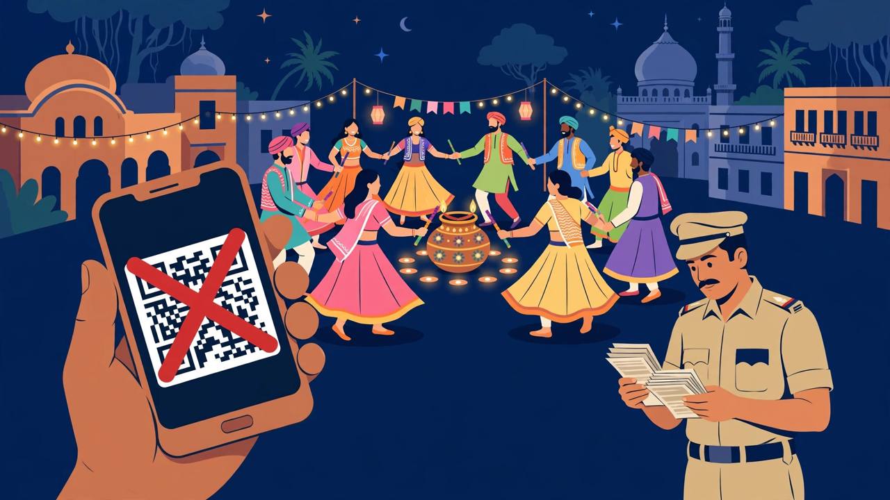 Editorial illustration: garba dancers at a Navratri celebration at night, a phone showing a QR-code pass crossed out in red, and a police officer examining a stack of paper passes
