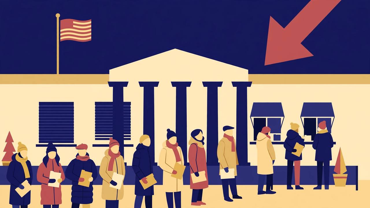 Editorial illustration of applicants with document folders queueing at a US consulate building, with some visa windows shuttered and a large downward arrow