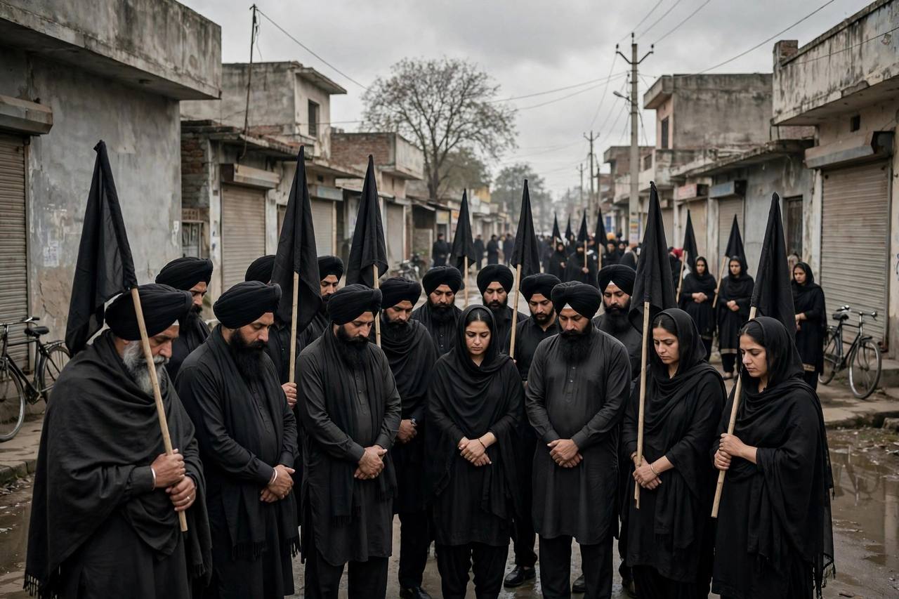 Editorial illustration: mourners in black turbans and black dupattas holding black flags at a solemn protest in a Punjab town street