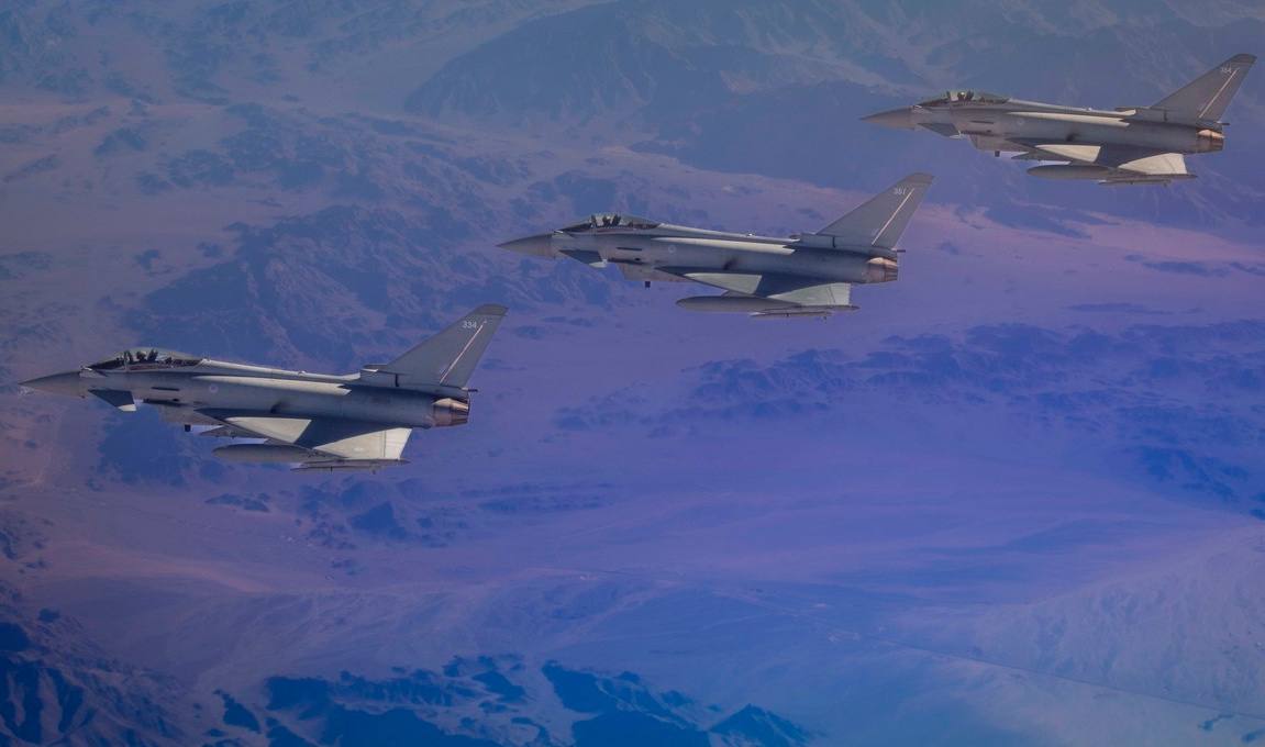RAF Eurofighter Typhoon jets in formation over the Saudi desert during the Spears of Victory exercise (file photo)