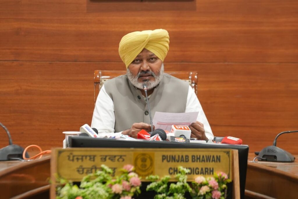Punjab Cabinet Minister Harpal Singh Cheema addressing a press conference in Chandigarh