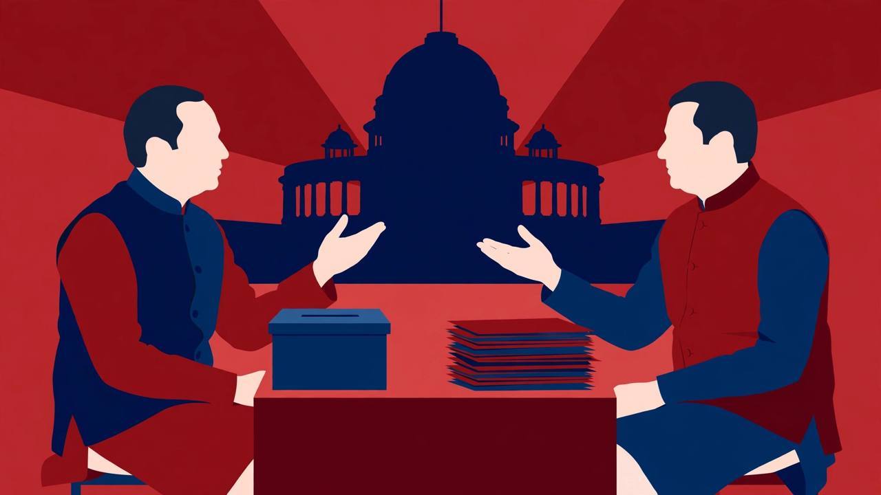 Editorial illustration: two political leaders in discussion across a table with a ballot box and a stack of files, Parliament House silhouetted behind them