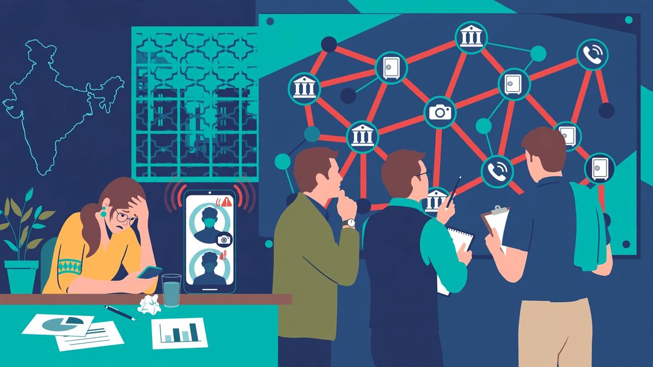 Editorial illustration: a cybercrime investigation scene with a video-call screen, bank transfer arrows and an ED officer
