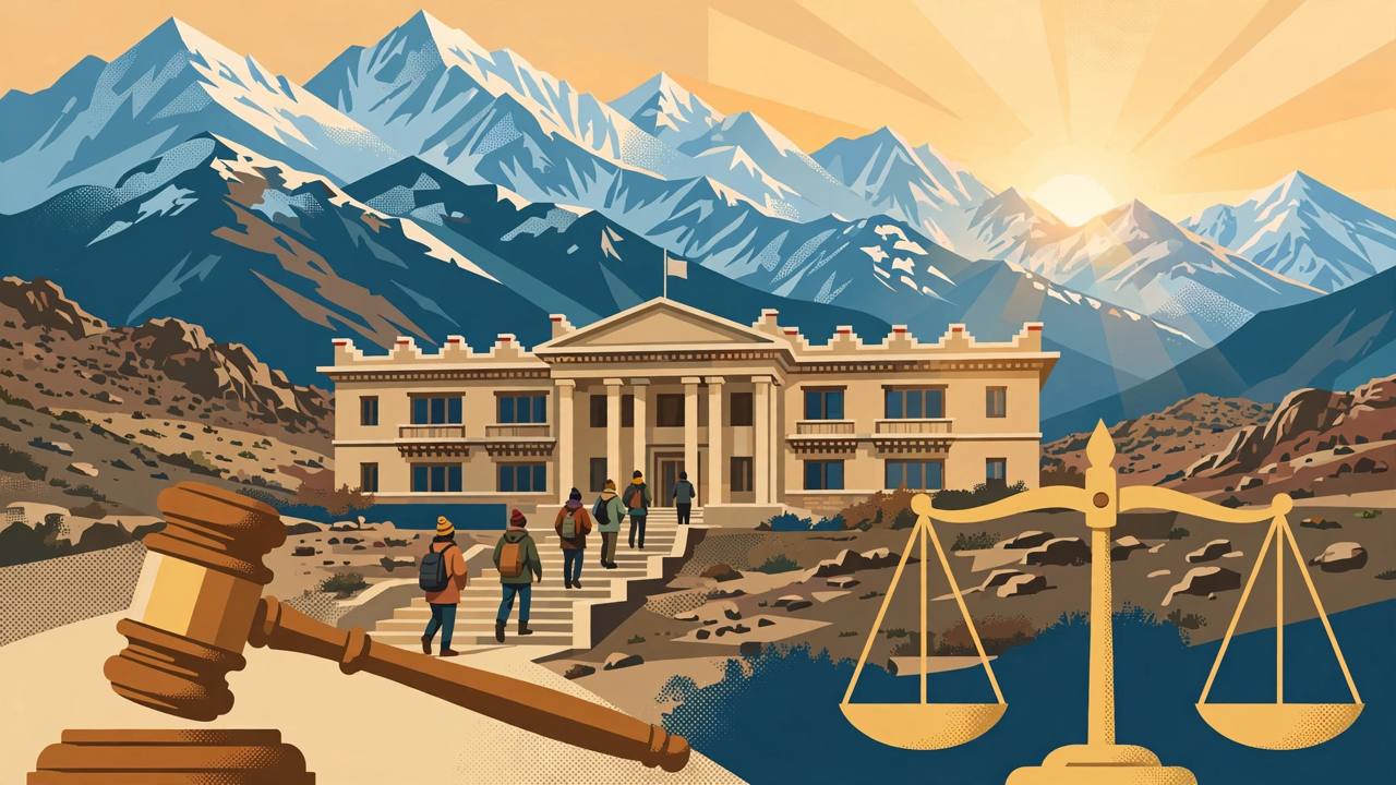 Editorial illustration: a courthouse in the high mountains of Ladakh with a gavel and scales of justice in the foreground as people climb its steps at sunrise