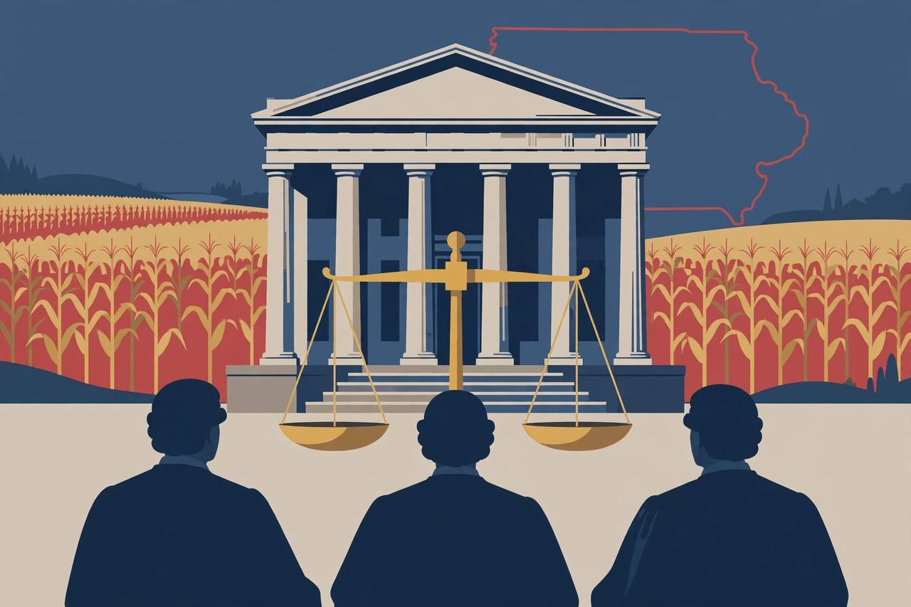 Editorial illustration of a courthouse, the scales of justice, cornfields and the outline of Iowa