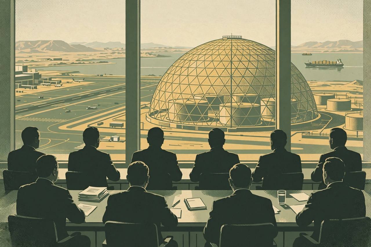 Editorial illustration: generic officials at a cabinet table in Riyadh, an airport runway and oil tanks under a protective shield seen through large windows