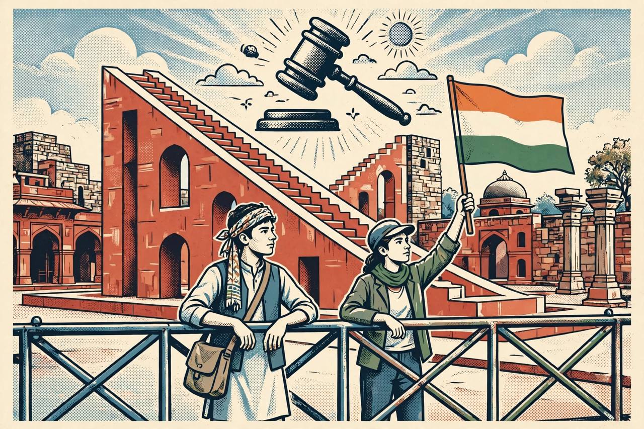 Editorial illustration: generic figures standing at a police barricade in front of the historic Jantar Mantar observatory in New Delhi