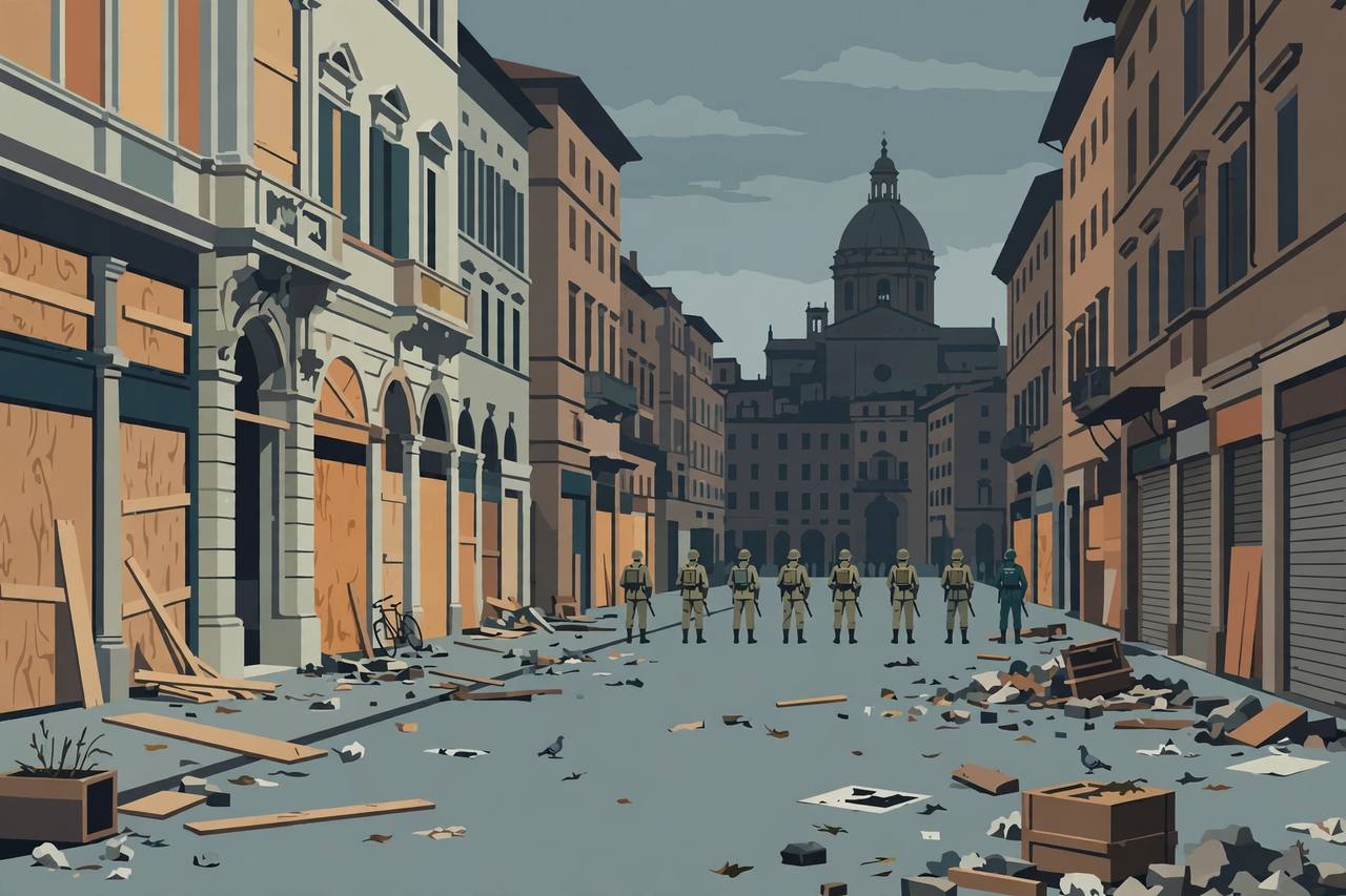 Editorial illustration: generic soldiers standing guard outside boarded-up luxury shops on an Italian city street, with a cathedral silhouette behind